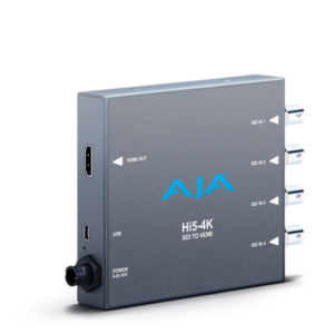 AJA's Hi5-4K Mini-Converter provides a simple monitoring connection from professional 4K devices using 4 SDI outputs to new displays with 4K-capable 1.4a HDMI inputs.